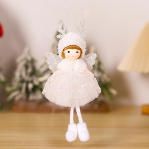 Detail of white Christmas angel pendant with sequined mesh skirt and silver antlers