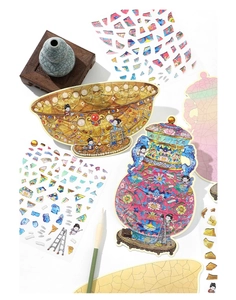 Close-up of traditional Chinese porcelain themed 2.5D DIY stickers with artistic props