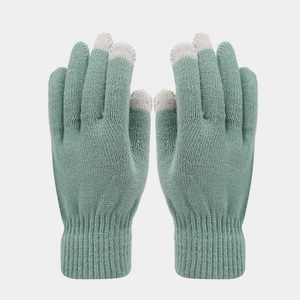 Winter thermal green knitted gloves with touch screen compatible grey fingertips