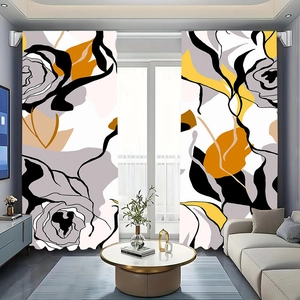 Detail of modern abstract rose curtains with yellow and grey patterns for living room decor
