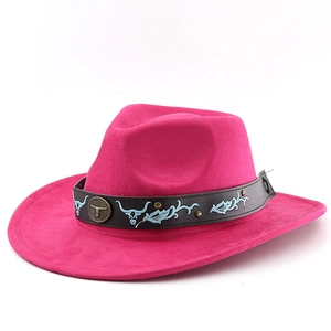Detail of rose pink suede cowboy hat with bull head embroidered brown leather band