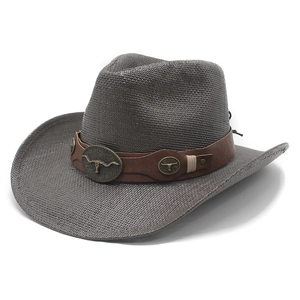 Dunkelgrauer Cowboy-Strohhut mit Lederband und Bullenkopf-Verzierung im Western-Stil