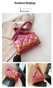 Detailed views of rose red quilted metallic puffer bag with chain strap and shiny texture