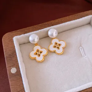 Elegant Flower Clover Drop Earrings With Silver Earring Post 18K Gold Plated Mother Of Artificial Pearl Imitation Artificial Pearl Zirconia