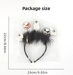 Package size detail of Halloween ghost headband with black feathers measuring 23cm by 22cm