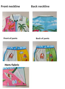 Detail of tropical print shirt collar and elastic waistband shorts set with palm patterns