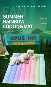 Macro detail of rainbow gel pet cooling mat featuring waterproof fabric and easy-care texture