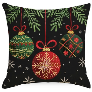 Detail of Christmas pillowcase with festive embroidery on high-quality black linen fabric