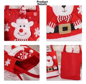 Detail showing plush reindeer and bear figures on knitted Christmas gift bags
