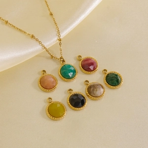 Natural Stone Pendant Necklace Stainless Steel 14K Gold Plated Round Beaded Chain Jewelry For Women