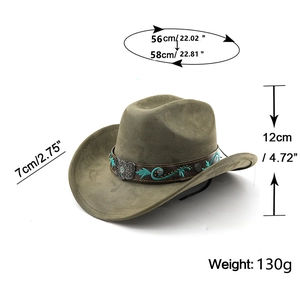 Détails des dimensions du chapeau de cowboy en daim vert olive avec bord de 7 cm et hauteur de 12 cm
