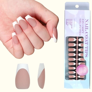 Soft Gel Press On Nails French Tip Coffin Shape Full Cover Nude Pink And White Manicure For Women DIY Professional
