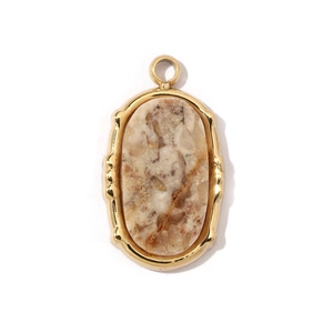 Detail of oval gold-plated stainless steel pendant featuring a natural beige stone texture