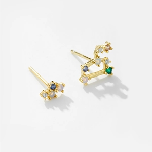 Detail of S925 sterling silver gold stud earrings with colorful zirconia and opal stones
