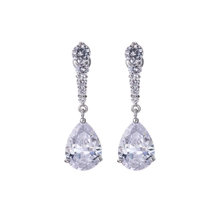 Elegant long silver tassel earrings featuring drop-shaped zircons and round crystals