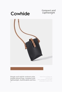 Detail of genuine cowhide phone bag featuring black lychee texture and brown strap