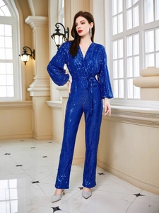Dunkelblauer Pailletten-Jumpsuit mit V-Ausschnitt, langen Ärmeln und weitem Bein