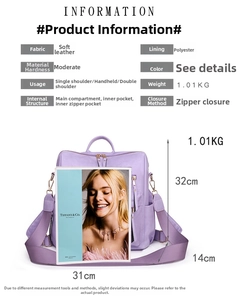 Detailansicht lila Rucksack aus weichem Leder mit Maßen und Texturvergleich
