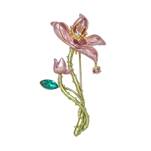 Exquisite enamel lotus flower brooch with pink petals and green leaves on white background