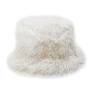Detailed view of the soft faux fur texture on this plush winter bucket hat for women