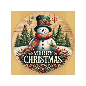 Detail of wooden round Merry Christmas sign featuring a snowman and festive trees