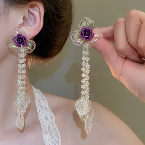 French style floral tassel earring set with purple roses and iridescent leaf pendants