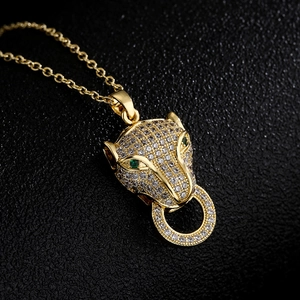 18K gold plated leopard head pendant necklace with sparkling zircons on black leather