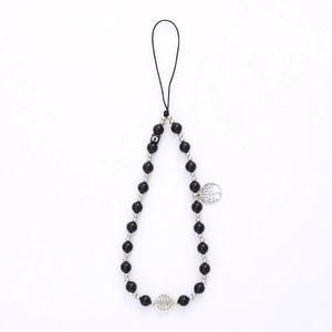 Handmade beaded phone strap with black beads, silver charms, and a letter C bead