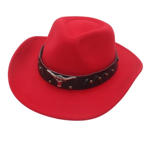 Detail of red wool felt cowboy hat with leather band and silver bull head metal emblem