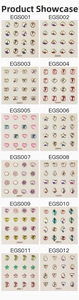 Detailed grid of 12 butterfly and heart shaped crystal rhinestone sets for nail art decor