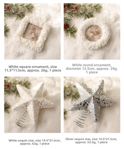 Detailed view of pearl-edged photo ornaments and glittering silver star tree toppers