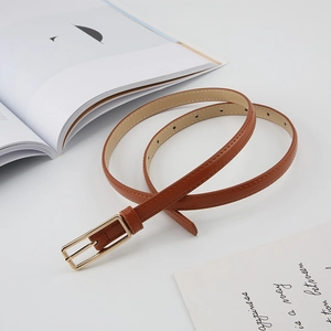 Minimalist caramel brown slim leather belt with gold rectangular buckle for women