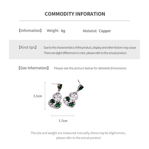 Detailed size specifications of gourd earrings with zircon inlay in green and silver
