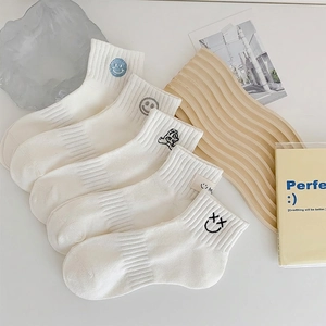 Women Cotton Socks Embroidered Cartoon Smile Face Breathable Ribbed Cuff White Casual Academy Style