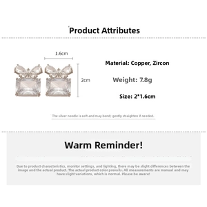 Detailed view of silver zircon butterfly square stud earrings with size and weight specs