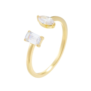Minimalist gold sterling silver open ring featuring marquise and emerald cut cubic zirconia