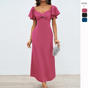 Abito Maxi Elegante In Raso Poliestere Donna Scollo A Cuore Cut-Out Manica A Volant Schiena Scoperta Con Lacci Slim Fit Sera