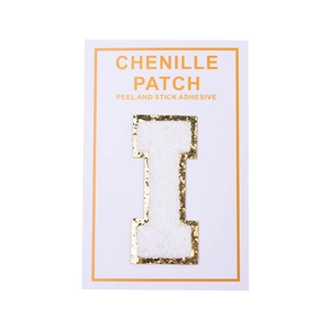 Detailed view of 8CM white chenille letter I patch with gold glitter edge and adhesive backing