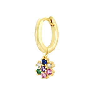 Detailed macro view of a gold silver hoop earring with a colorful gemstone floral pendant