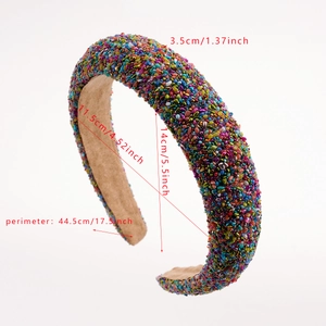 Baroque style wide headband with colorful beads and studio lighting showing dimensions
