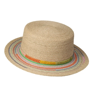 Boho summer straw boater hat with colorful striped brim and woven ribbon trim