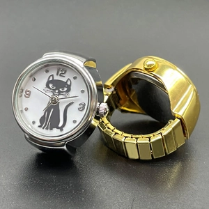Creative gold and silver watch rings featuring a black cat dial with elastic metal band