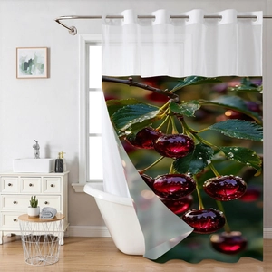 Detailed view of waterproof waffle fabric shower curtain with realistic cherry print pattern