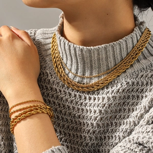 Elegant 18k gold plated stainless steel rope chain necklace and bracelet set for women