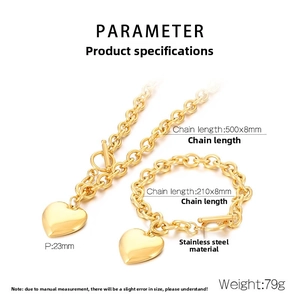 Detailed dimensions of gold heart pendant necklace and bracelet set in stainless steel