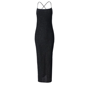 Sleek black strapless maxi dress with criss-cross back straps and subtle glitter fabric