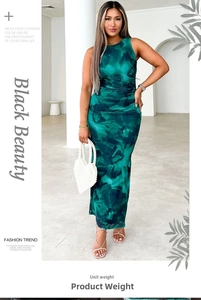 Detail of slim-fit dark green abstract print maxi dress with sleeveless crew neck design
