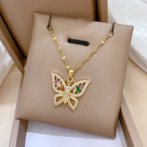 Luxurious gold butterfly pendant necklace with colorful cubic zirconia inlay jewelry