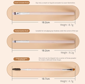 Detail view of pink makeup brushes showing dimensions for concealer and eyeliner tools