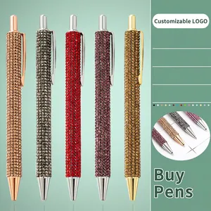Retractable Ballpoint Pen Full Rhinestone Inlaid Metal Shiny Luxury Business Gift Office Stationery For Women